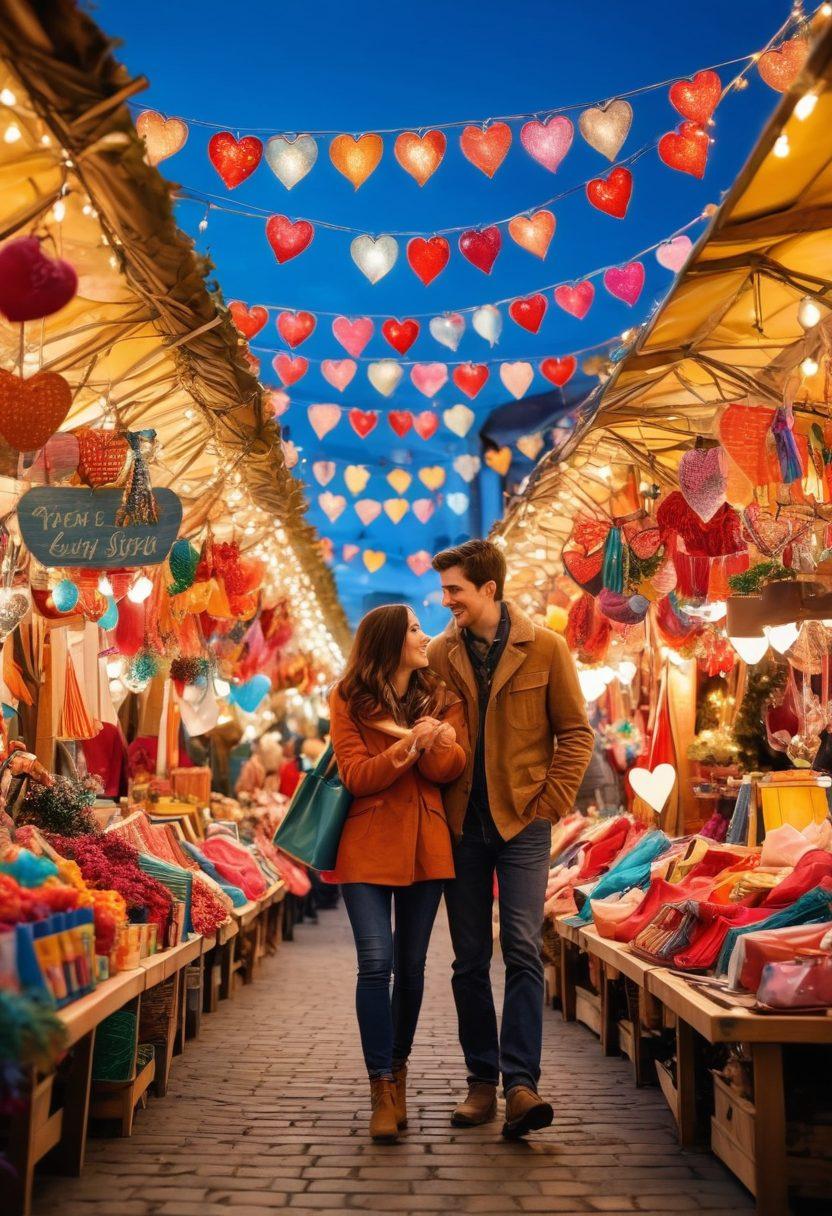 A whimsical scene of a couple joyfully exploring a vibrant outdoor marketplace filled with colorful stalls selling heart-shaped items and discounted romantic gifts. The couple, carrying a couple of shopping bags, has cheerful expressions as they find unique treasures. The backdrop features a bright blue sky, fairy lights strung above, and a variety of love-themed decorations. The atmosphere radiates warmth and happiness, evoking the thrill of bargain hunting for love. vibrant colors. colorful illustration. whimsical style.