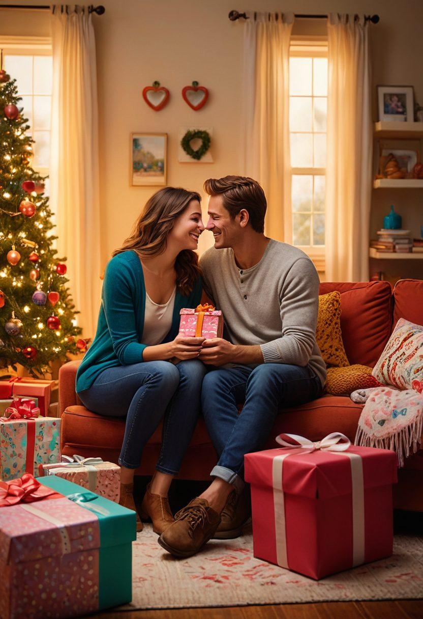 A cozy scene featuring a couple happily sharing discounted gifts in a warm living room filled with love and joy. Soft, romantic lighting emphasizes the affectionate atmosphere, with price tags whimsically hanging from the gifts. The background includes subtle heart motifs and charming decorations that evoke a sense of warmth and connection. Bright colors and playful elements enhance the theme of finding love through thoughtful, affordable gestures. super-realistic. vibrant colors. cozy setting.