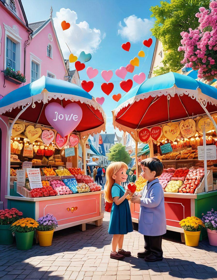 A whimsical illustration of two adorable cartoon characters exchanging oversized love hearts amidst a backdrop of colorful market stalls filled with vibrant flowers and sweet treats. The scene should evoke feelings of joy and affection, with soft pastel colors highlighting the warmth of relationships and the thrill of finding love. Super-realistic. Vibrant colors. White background.